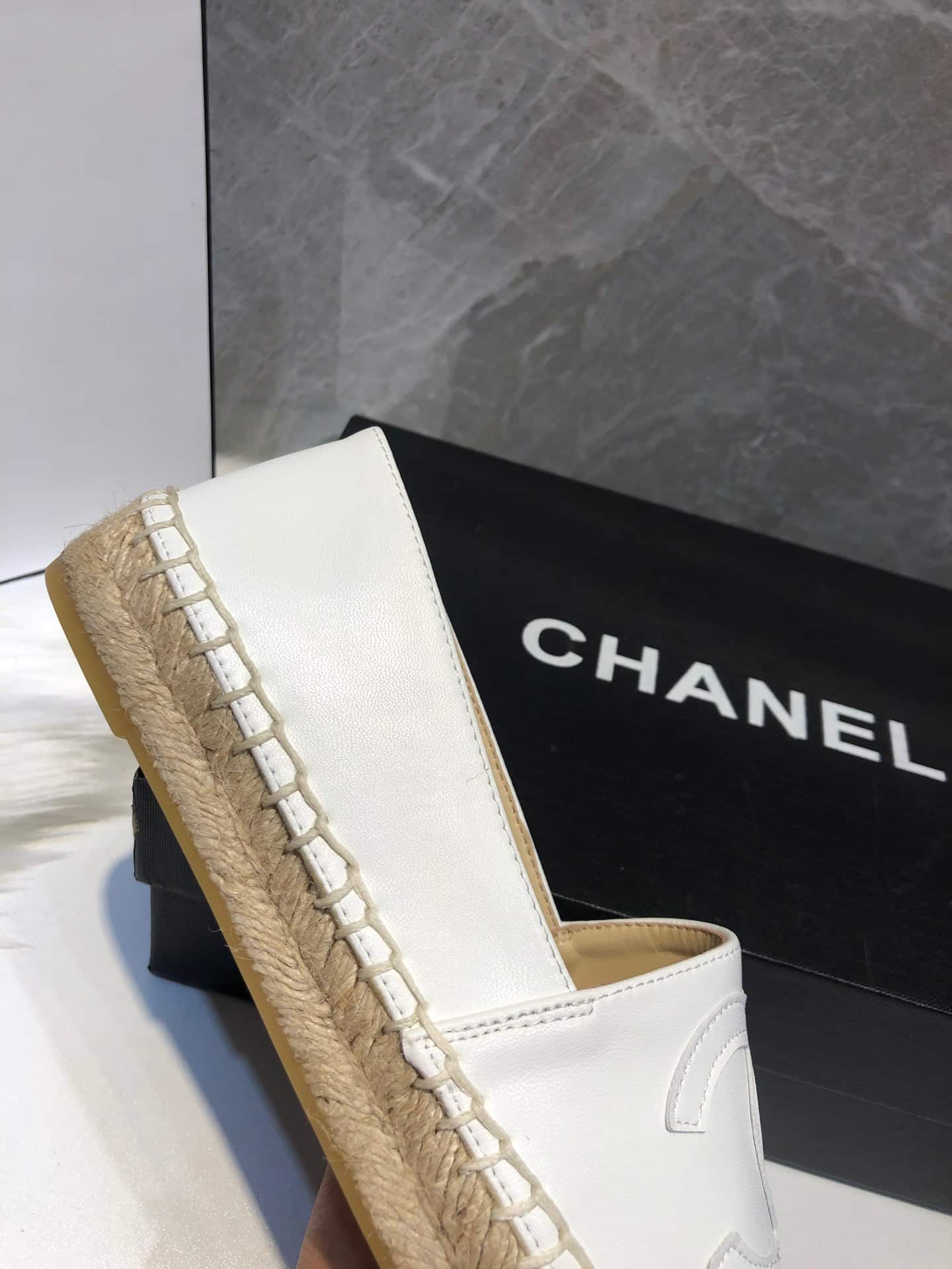 Chanel Embroidered Espadrille Leather Cap Toe Flats White
