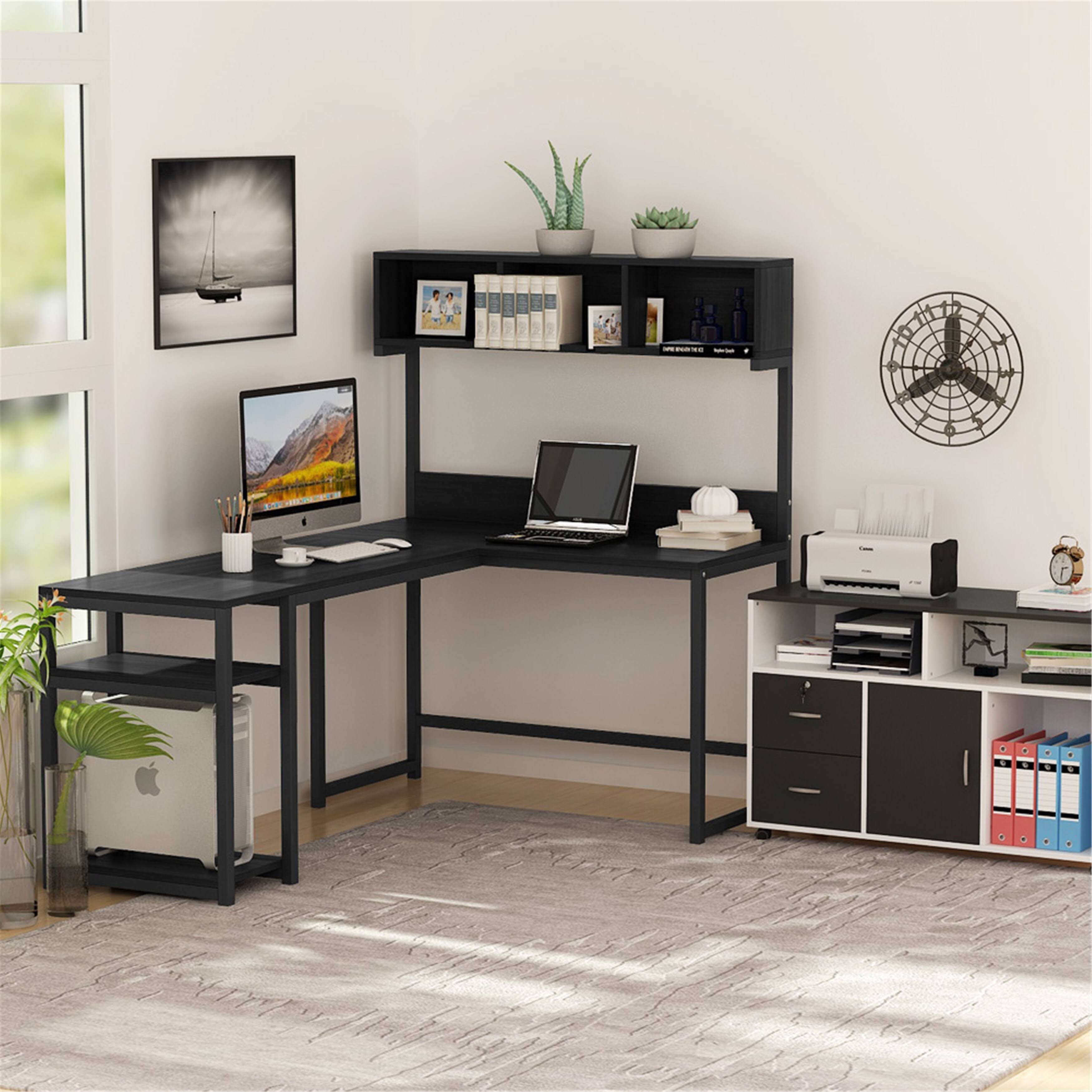 LShaped Computer Desk with Hutch Shelves, Writing Desk - Brown