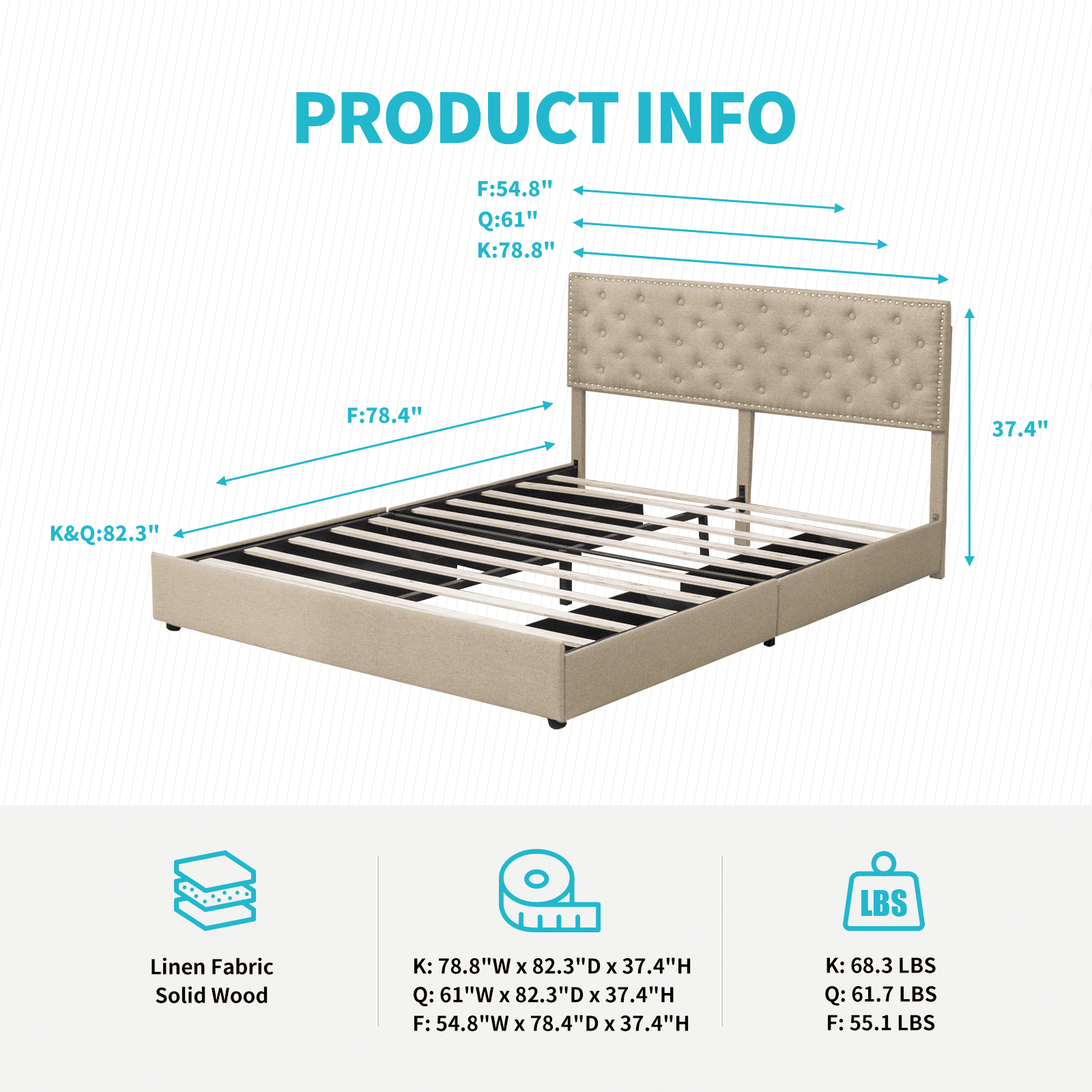 MUZZ Platform Bed Frame with 4 Large Storage Drawers, King Size Bed Frame with Adjustable Tufted Headboard, No Box Spring Needed, Wood Slats Support, Easy Assembly (King, Beige)