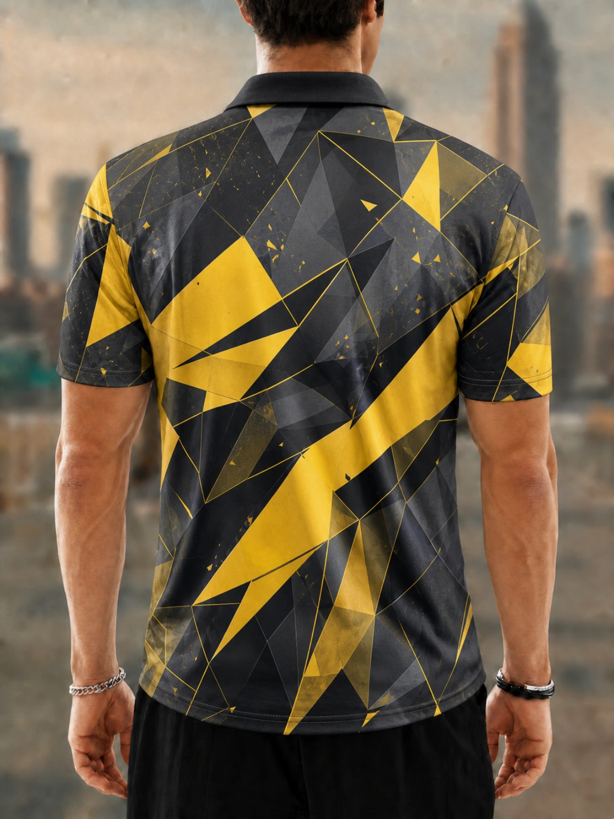 Moisture Wicking Golf Polo 3D Black Yellow Geometric Fragment Button Short Sleeve Golf Polo Shirt