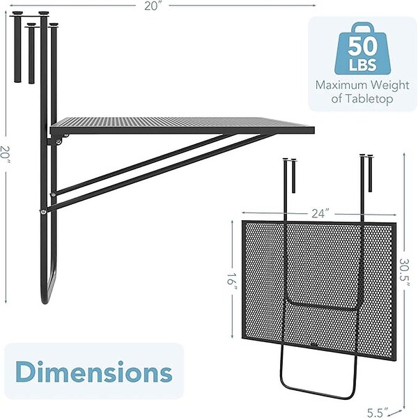 Balcony Railing Hanging Folding Table Plant Stand w/ Adjustable Hooks