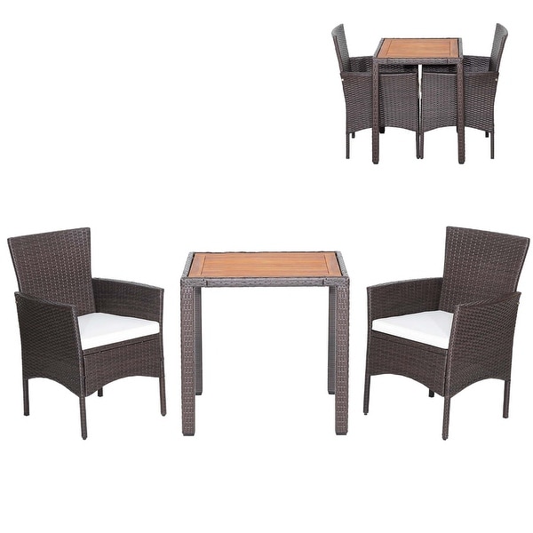 Costway 3PCS Patio Wicker Dining Set Acacia Wood Table Top with