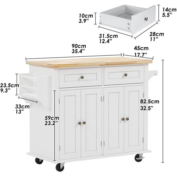 SogesPower Wood Kitchen Island Cart with Drawer, Spice Rack, Towel Bar, Butcher Block Top, Rolling Storage Cabinet Trolley White