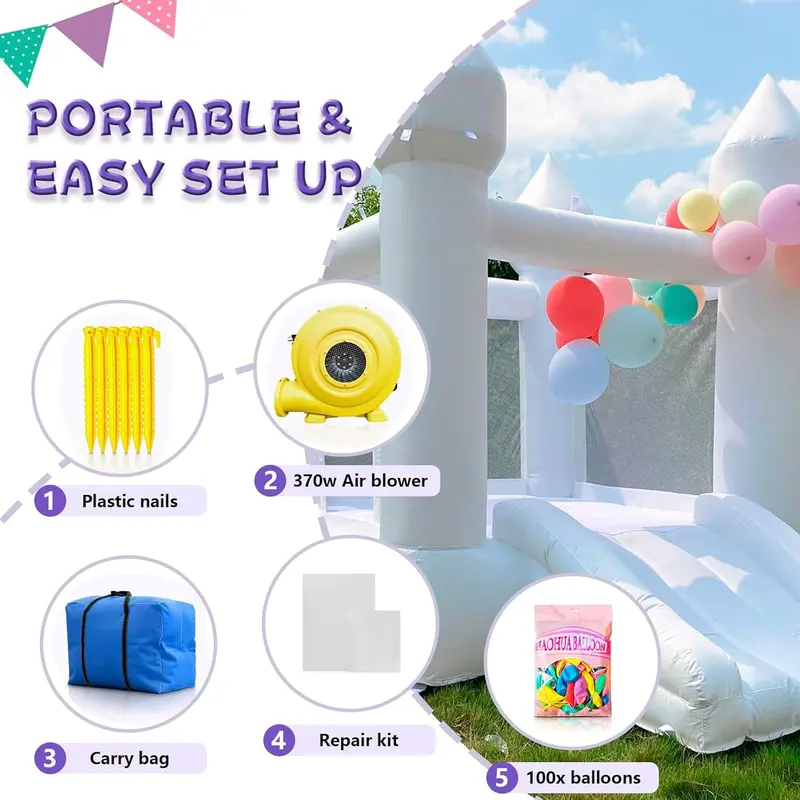 White Indoor/Outdoor Toddler Bounce House – 103″ x 71″ x 90″ Oxford Fabric Castle with Slide, Balloons, and Blower – Perfect for Ages 2–8