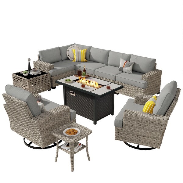 OVIOS 10 Pieces T shaped Seat Wide Armrest Swivel Chair Set With SolarPowered TableandFire Pit