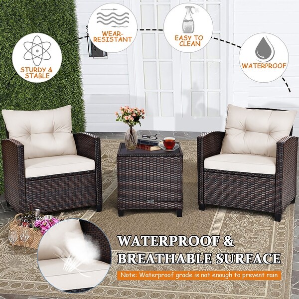 Costway 3PCS Patio Rattan Furniture Set Cushioned Conversation Set
