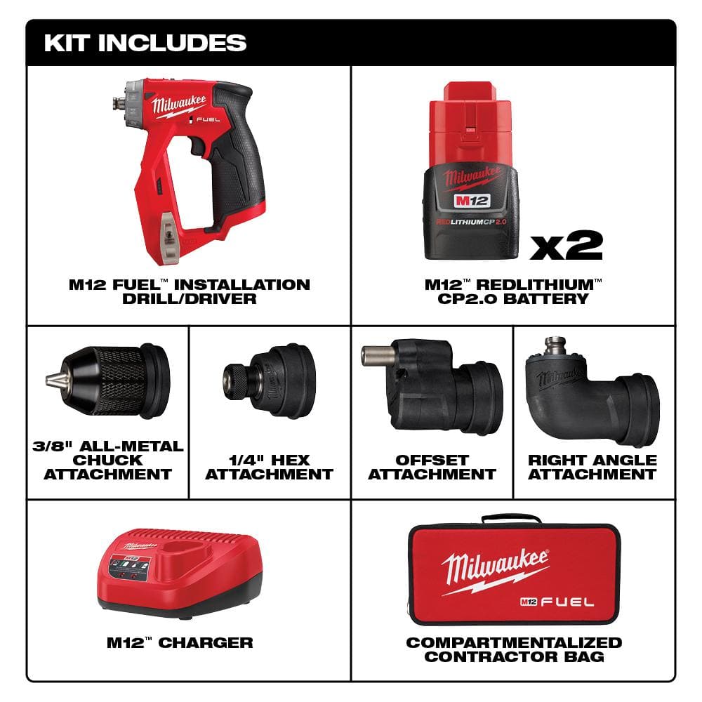 M12 FUEL 12V Lithium-Ion Brushless Cordless 4-in-1 Installation 3/8 in. Drill Driver Kit with 4-Tool Heads 2505-22