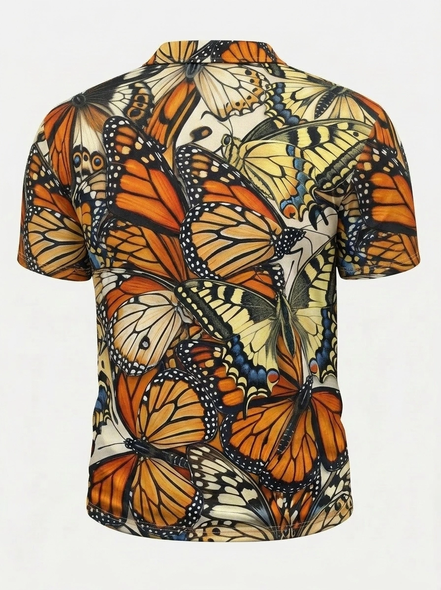 Moisture Wicking Golf Polo 3D Orange Black Monarch Butterfly Button Short Sleeve Golf Polo Shirt
