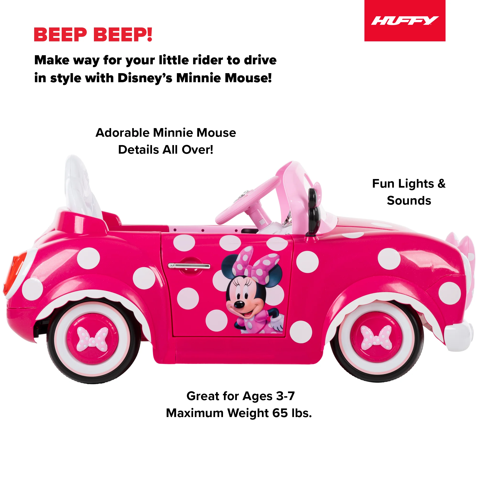 Disney Minnie Mouse Convertible Car 6 Volts Electric Ride-on, for Children Ages 3+ years, by Huffy