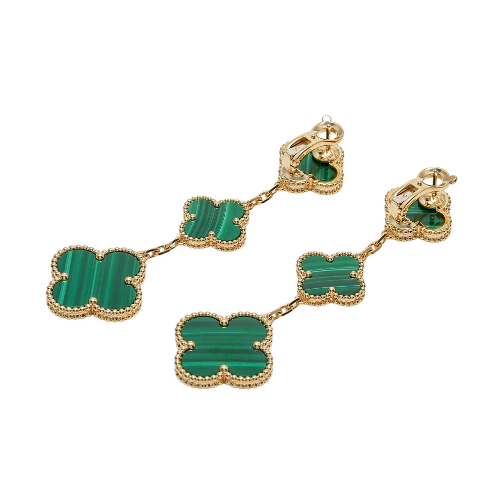 Van Cleef & Arpels Magic Alhambra 3 Motifs Earrings 18K Yellow Gold Malachite VCARO2AG00