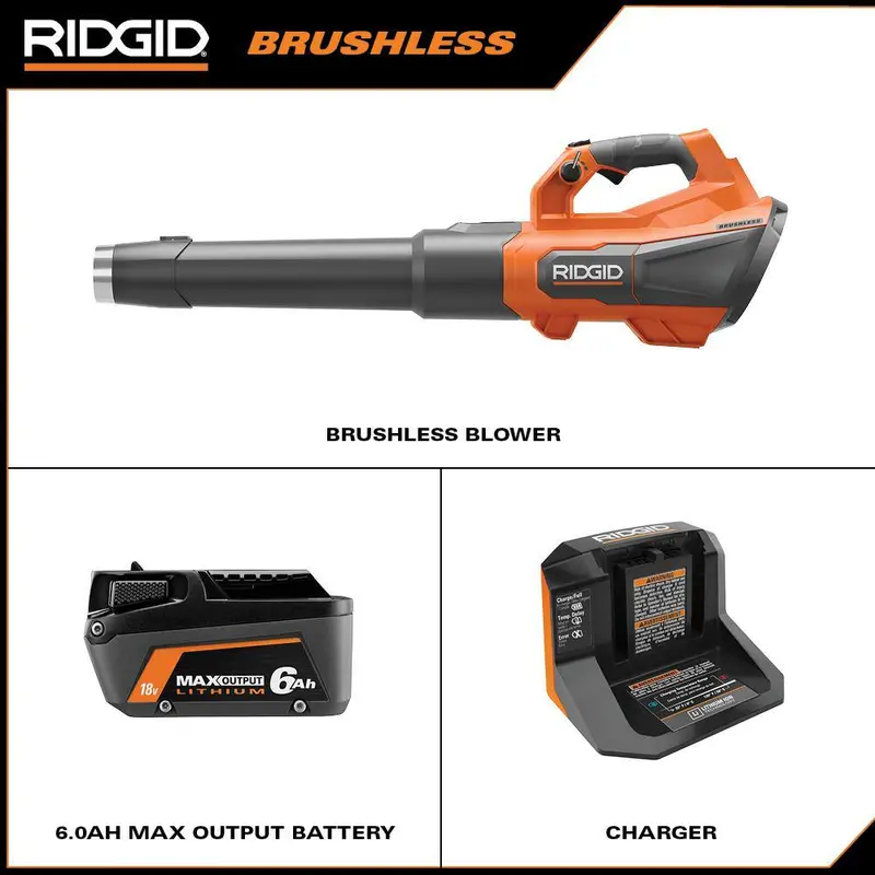RIDGID 18V Brushless Cordless Leaf Blower – 510 CFM, 130 MPH, Includes 6.0Ah Battery & Charger