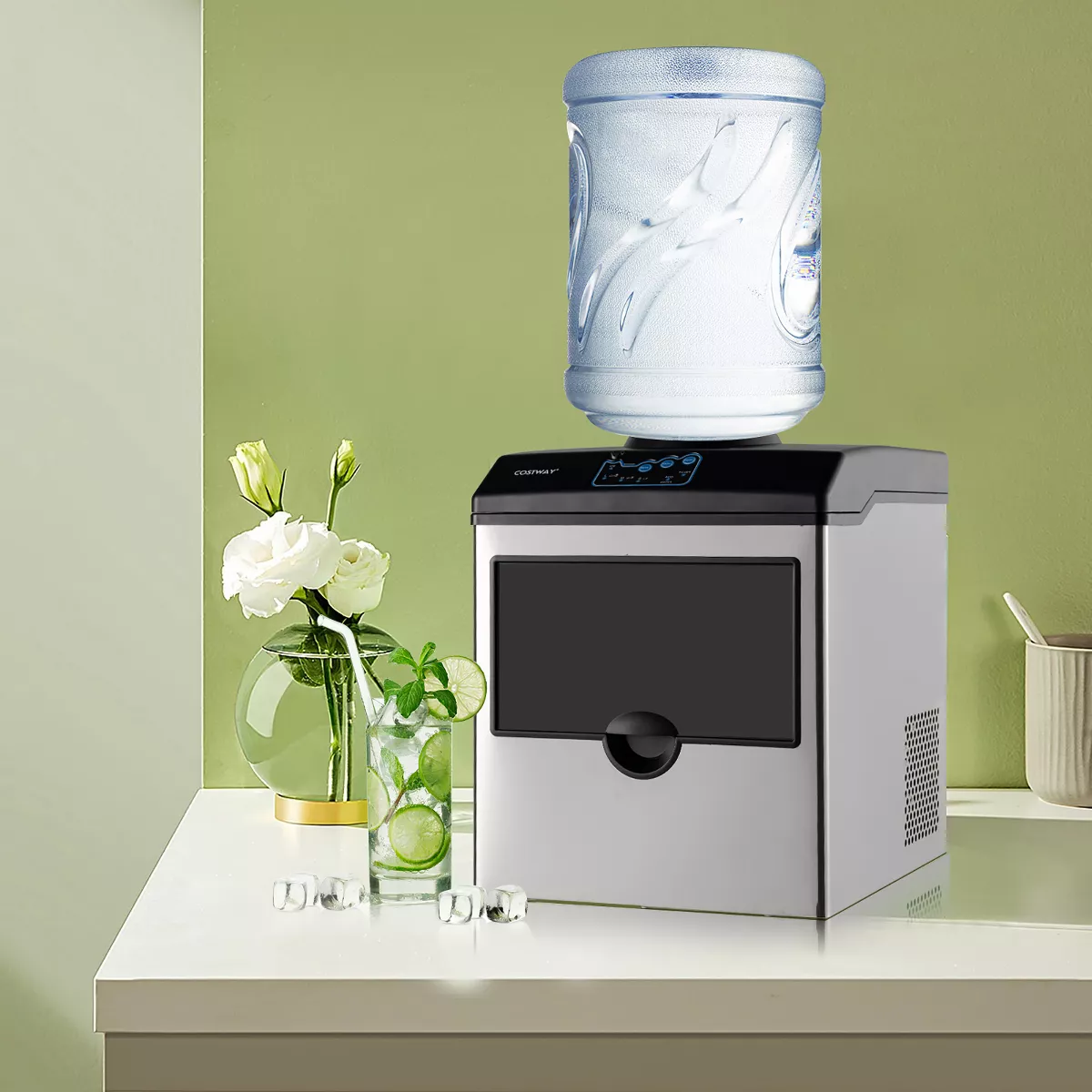 Costway 2-in-1 Stainless Steel Countertop Ice Maker Water Dispenser 48Lbs/24H w/ Scoop