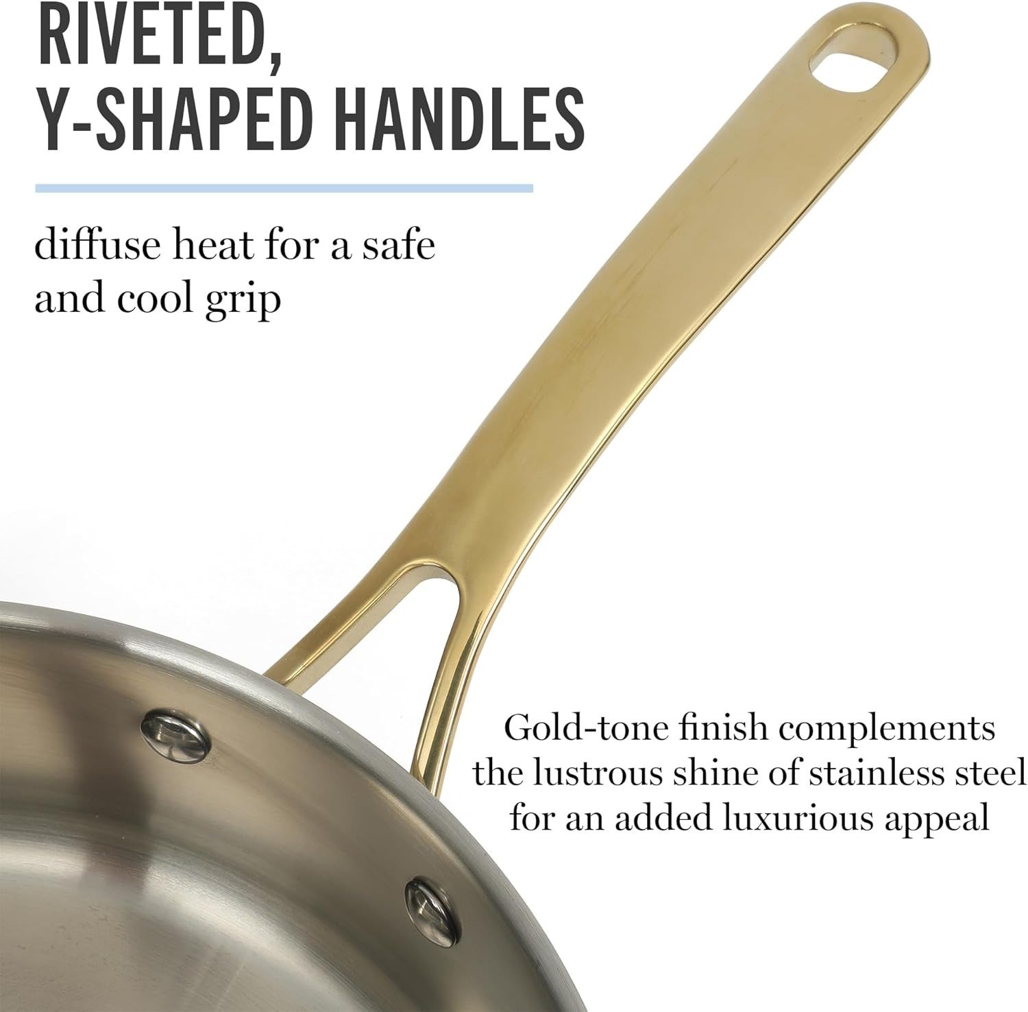 10-Piece Stainless Steel Cookware Set Induction Safe Gold Handle Brushed Finish