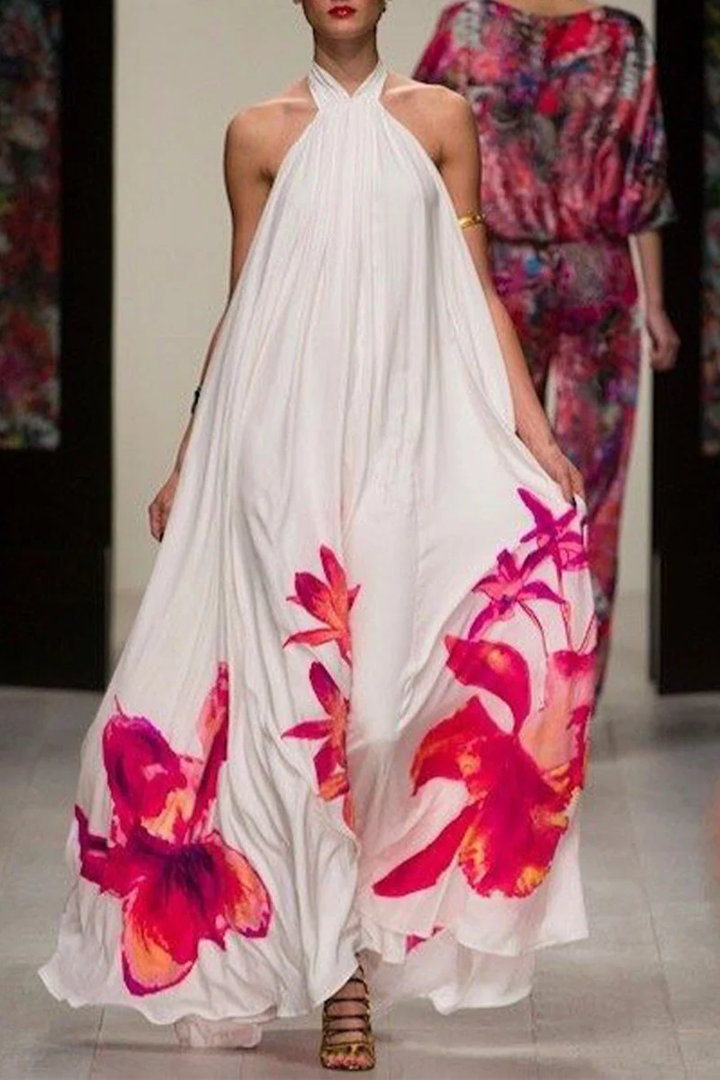 Floral Halter Maxi Dress - Flowy SleevelessClistos
