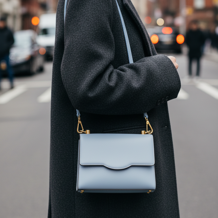 Dusty Blue Scallop-Flap Leather Crossbody Bag