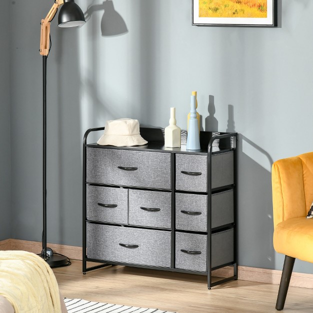 Homcom 7 drawer Dresser Fabric Chest Of Drawers 3 tier Storage Organizer For Bedroom Entryway Tower Unit With Steel Frame Wooden Top