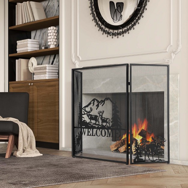 Costway 52 X 31 In Fireplace Screen 3 panel Spark Guard With Natural Scenery Moose Pattern