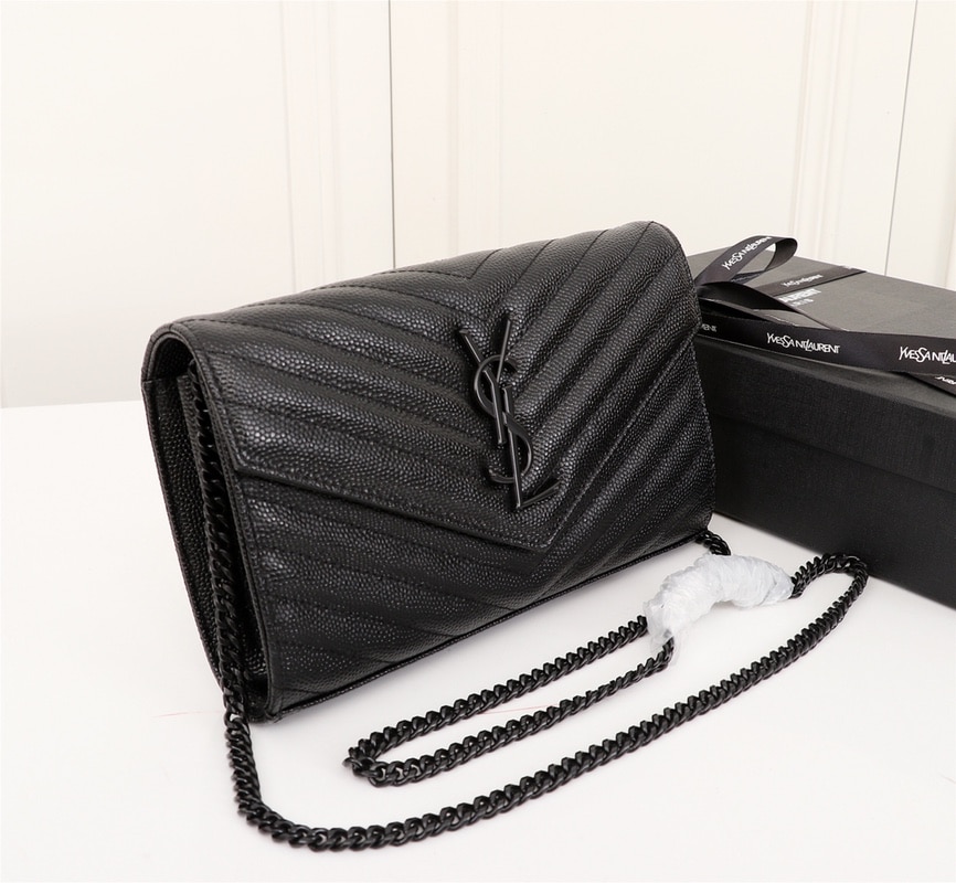 Saint Laurent Cassandre Matelasse Chain Wallet In Grain De Poudre Embossed Black Noir 22Cm