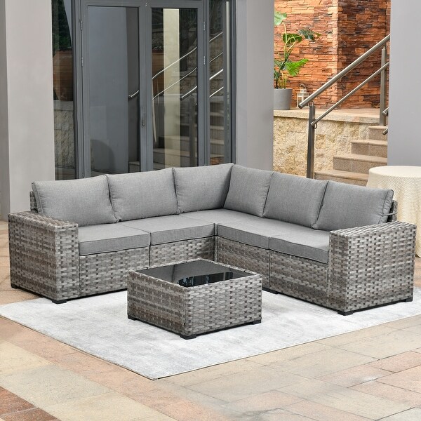 OVIOS Patio Wicker Furniture Wide Arm 6piece Set with Table