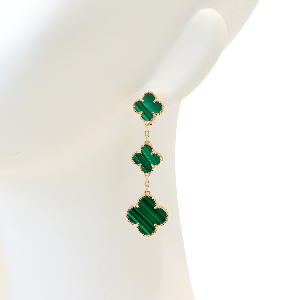 Van Cleef & Arpels Magic Alhambra 3 Motifs Earrings 18K Yellow Gold Malachite VCARO2AG00