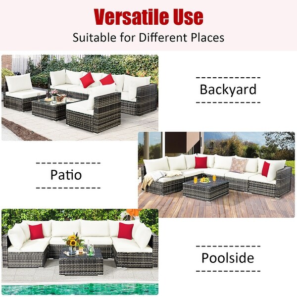 7PCS Patio Rattan Furniture Set Sectional Sofa Garden Cushion