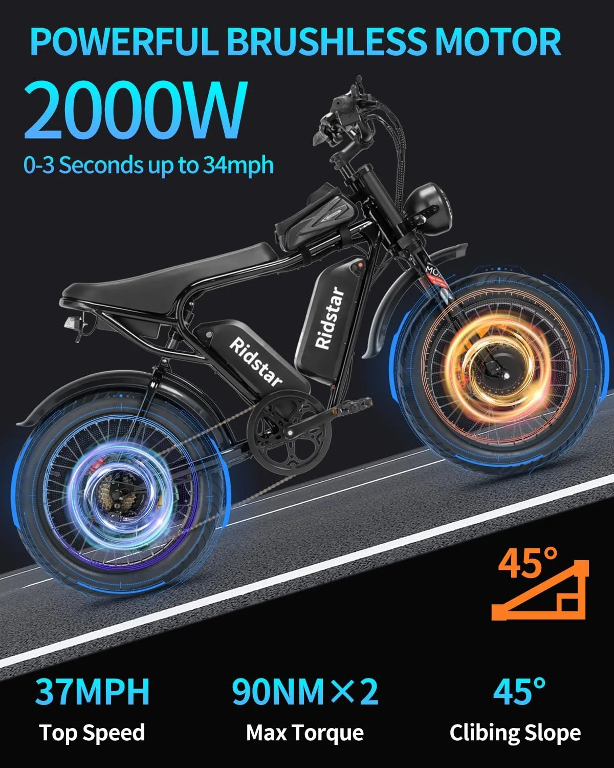 Electric Bike for Adults Ridstar,  52V/40Ah Battery 20