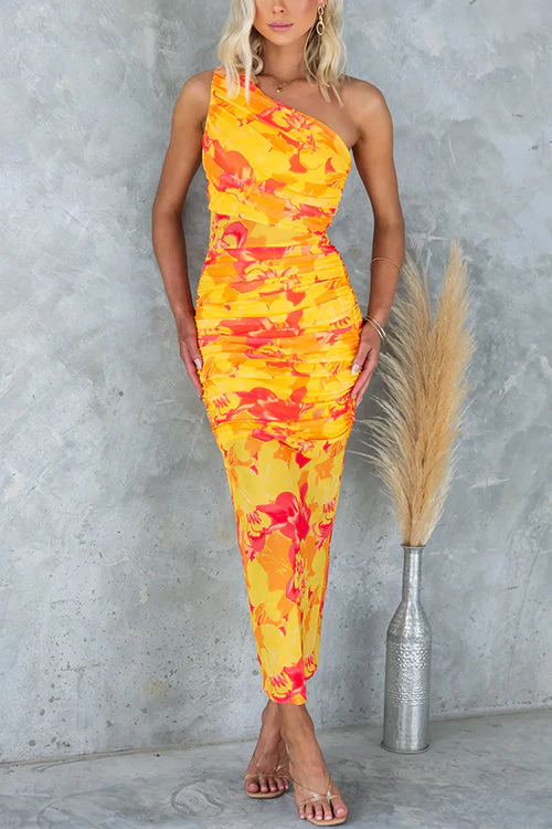 One Shoulder Ruched Bodycon Maxi DressClistos