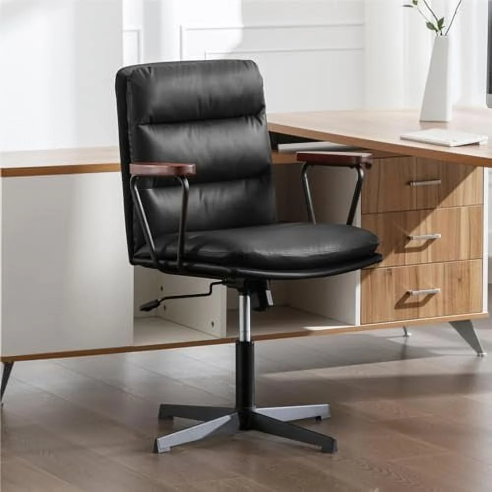 Office Desk Chair No Wheels  PU Padded Criss Cross Chair with Wooden Armrests  JOMA Mid Back Adjustable Computer Chair  Cute Armless Swivel Task Vanity Accent Chair for  Office  Black