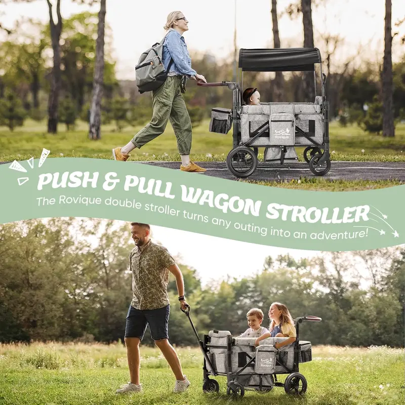 Premium 2-Child Wagon Stroller – Convertible Bassinet Option, Removable Canopy, Snack Tray, 5-Point Safety Harness & All-Terrain PU Wheels