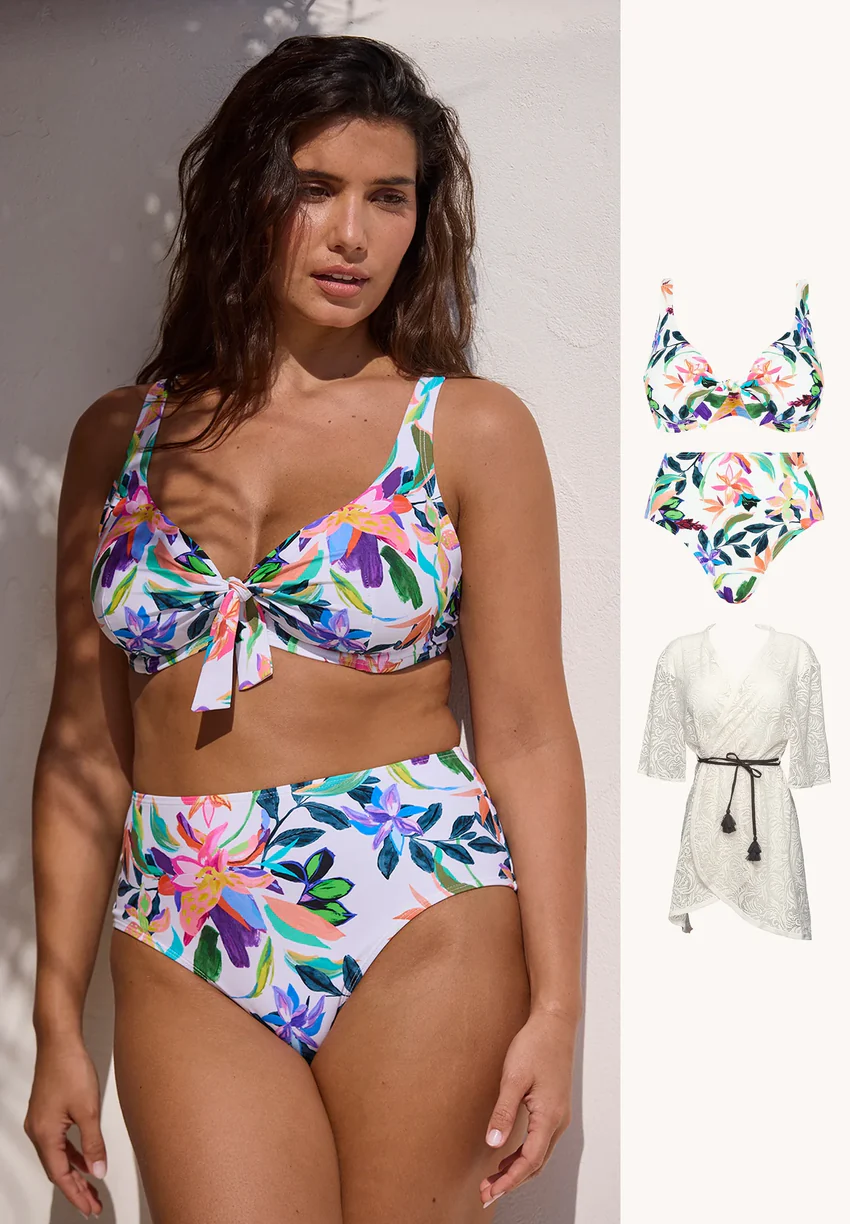 Ensemble maillot de bain 2 pièces Barbade blanc et tunique de plage