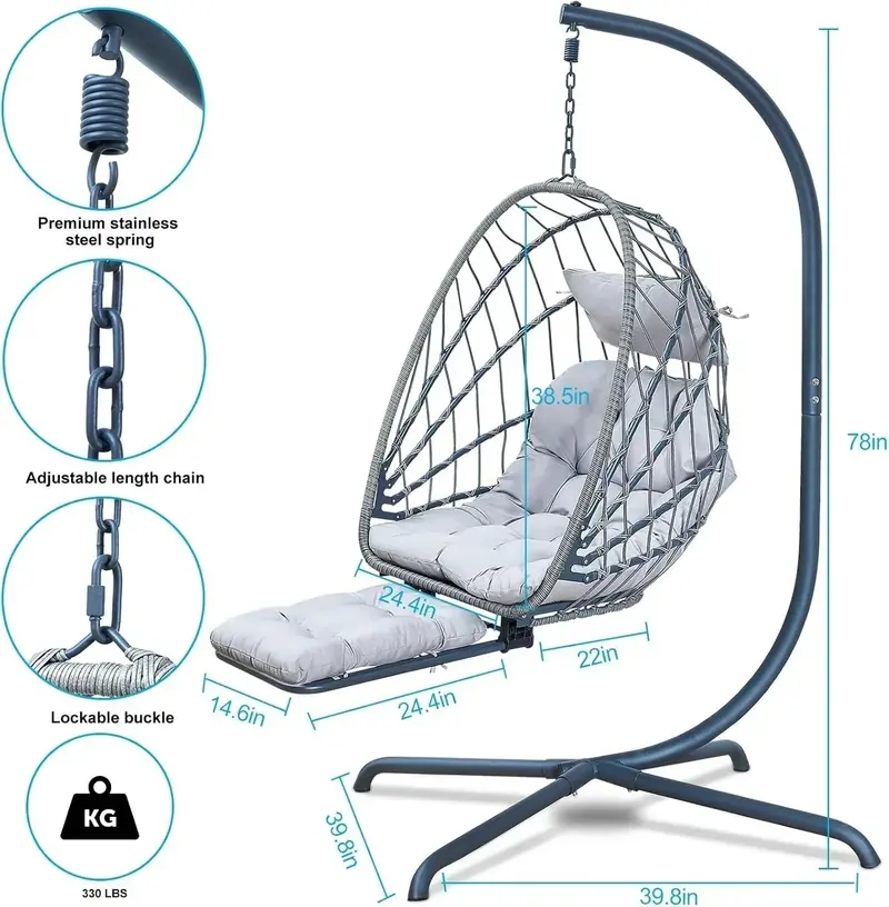 Rattan Egg Chair with Stand & Leg Rest – UV-Resistant Outdoor Hanging Swing with Ergonomic Cushion