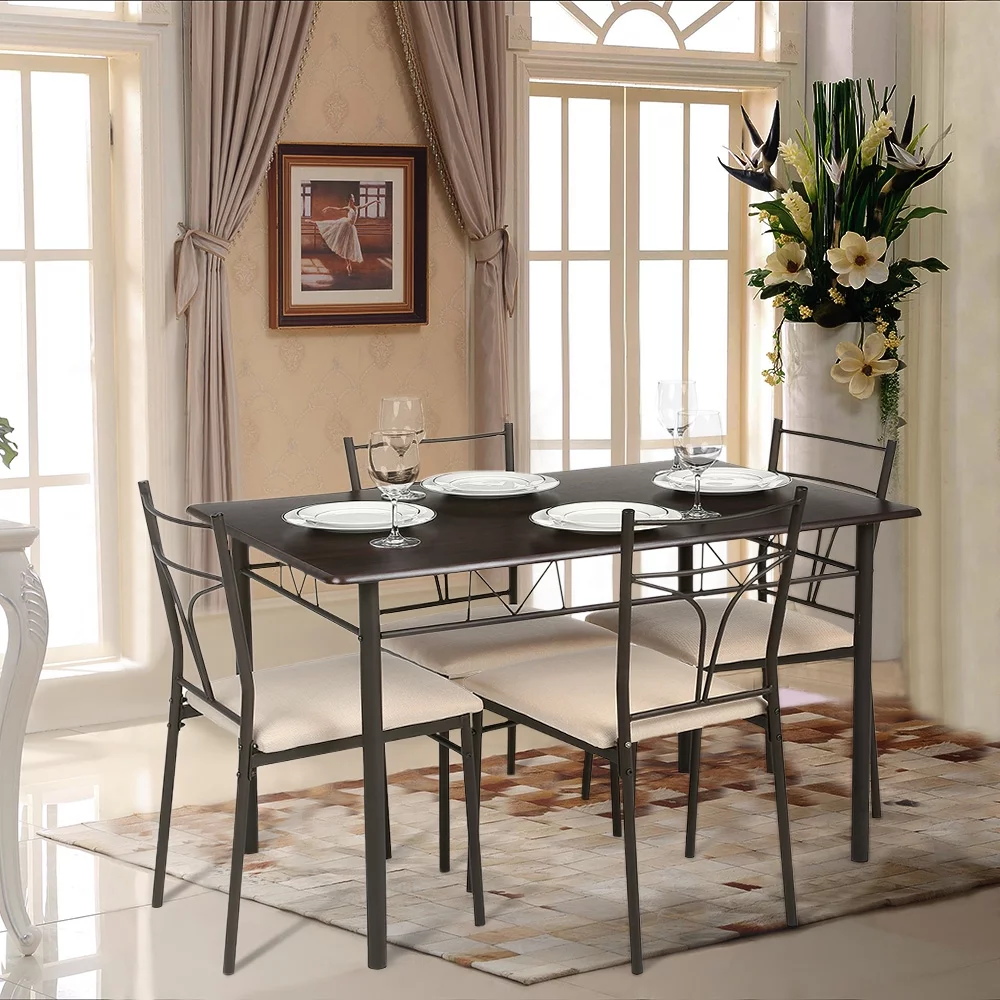 iKayaa Modern Metal Frame Dining Kitchen Table Chairs Set for Kitchen, Homes, Gardens (Black)