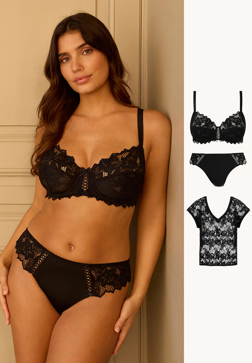 Ensemble Arum noir avec slip et T-shirt dentelle