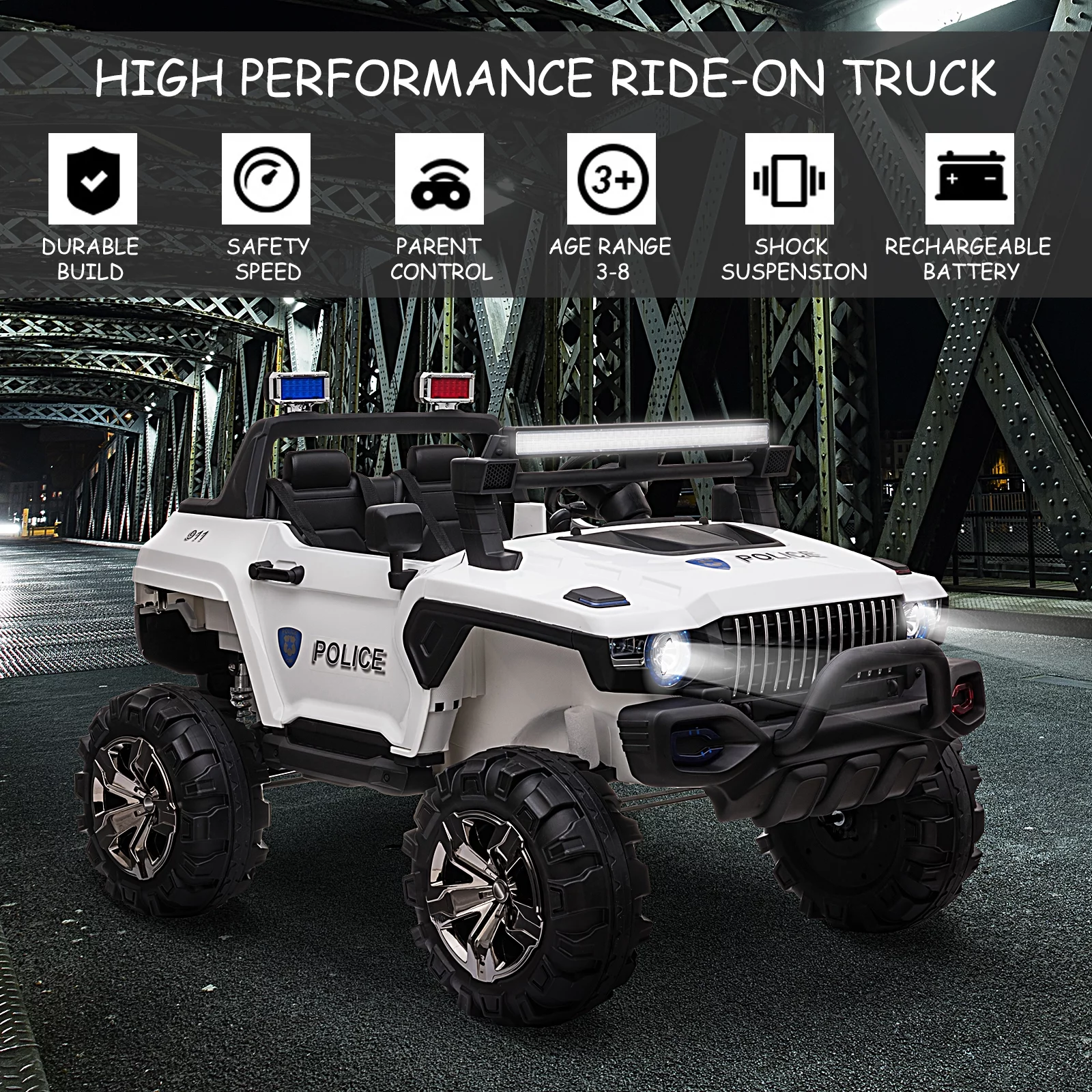 Aosom 12V Kids Electric 2-Seater Ride on Police Car SUV Truck Toy with Parental Control, White