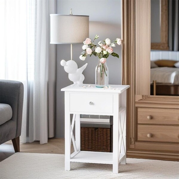 Side Table,Farmhouse End Table w/Storage Drawer,Open Shelf and Xframe
