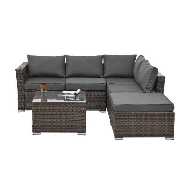 4Piece Patio Conversation Wicker Furniture Set,Sectional Sofa Set with Tempered Glass Coffee Table,Sofa Chair and Ottoman Sets