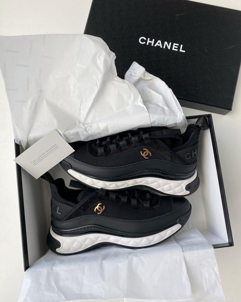 Chanel CC Logo Black Knit & Leather Chunky Sneakers G39763