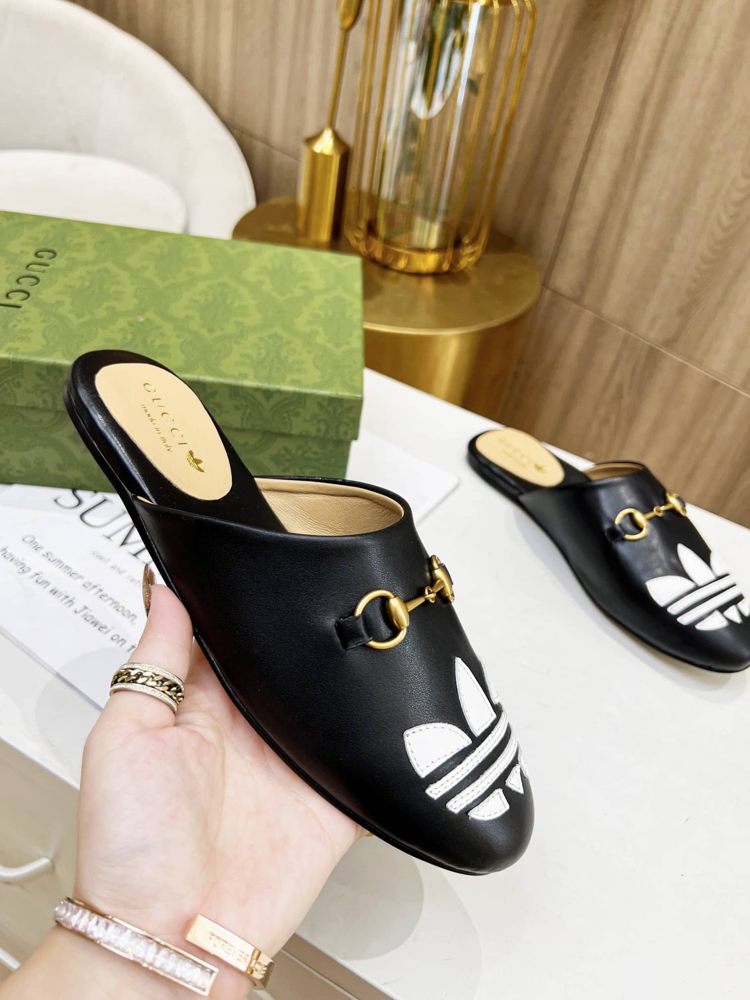 Gucci X Adidas Women’S Trefoil Slipper Leather Black