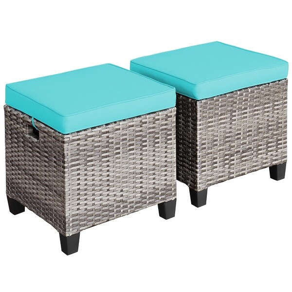 Costway 2PCS Patio Rattan Cushioned Ottoman Seat Foot Rest Table