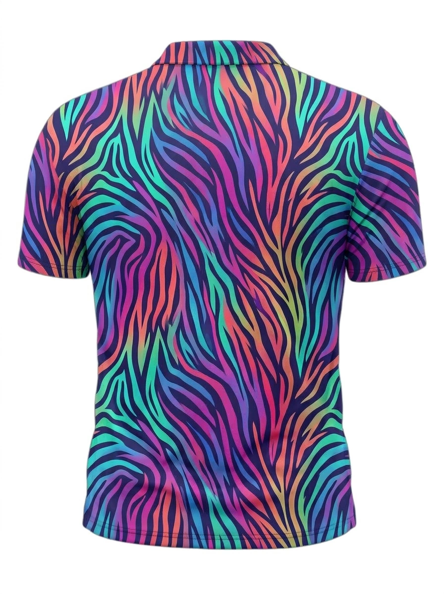 Moisture Wicking Golf Polo 3D Multicolor Neon Zebra Print Button Short Sleeve Golf Polo Shirt