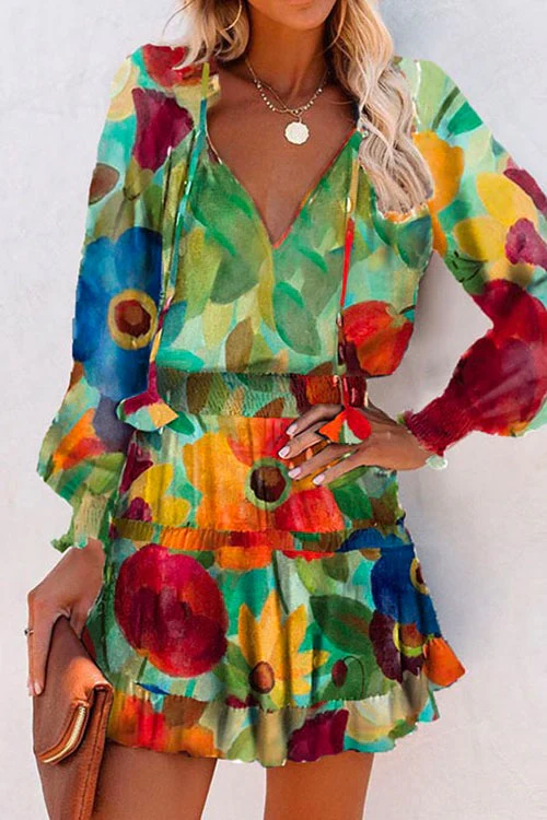 Printed V-Neck Tie Neck Midi DressClistos