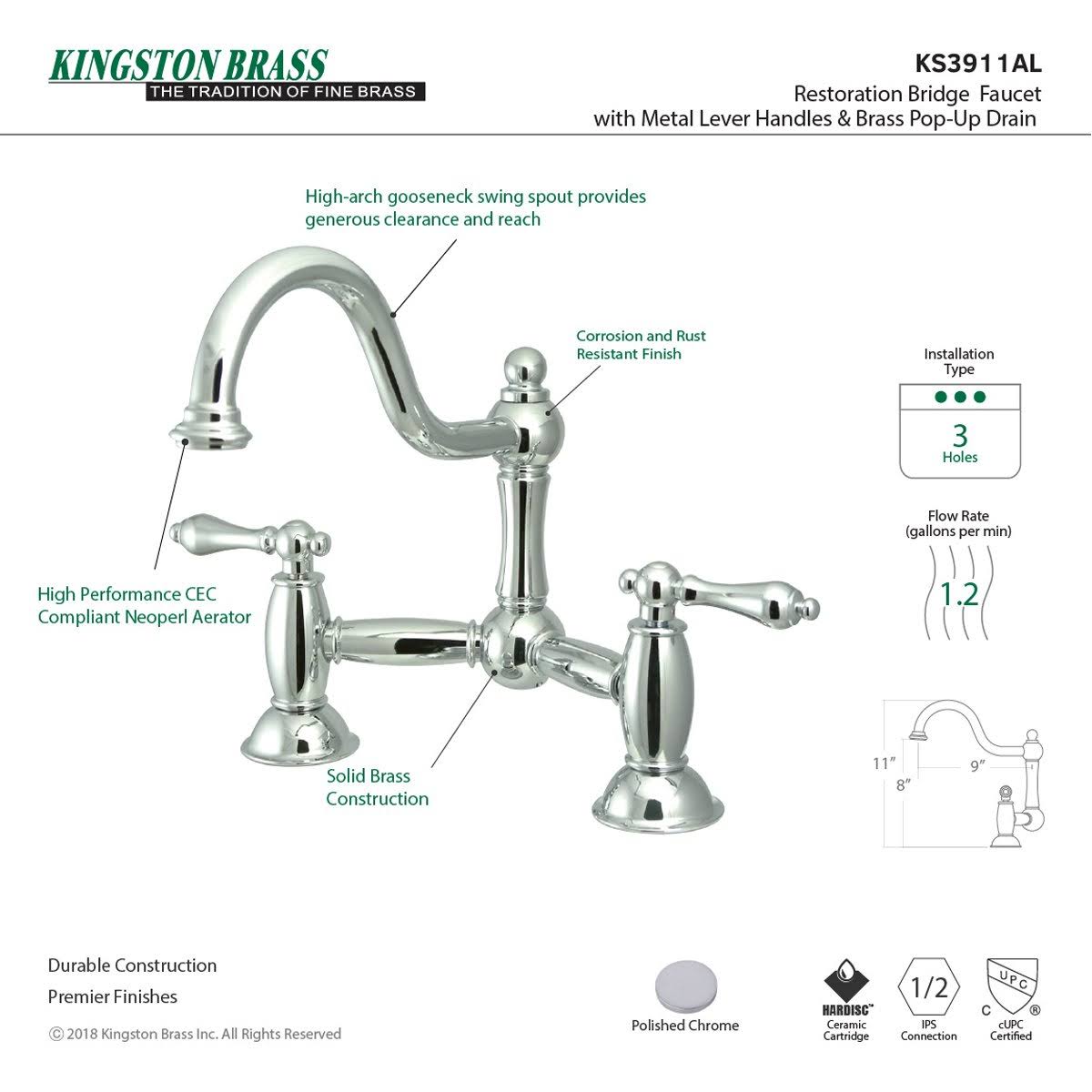 Kingston Brass KS3918AL Restoration Bathroom Bridge Faucet, Brushed Nickel