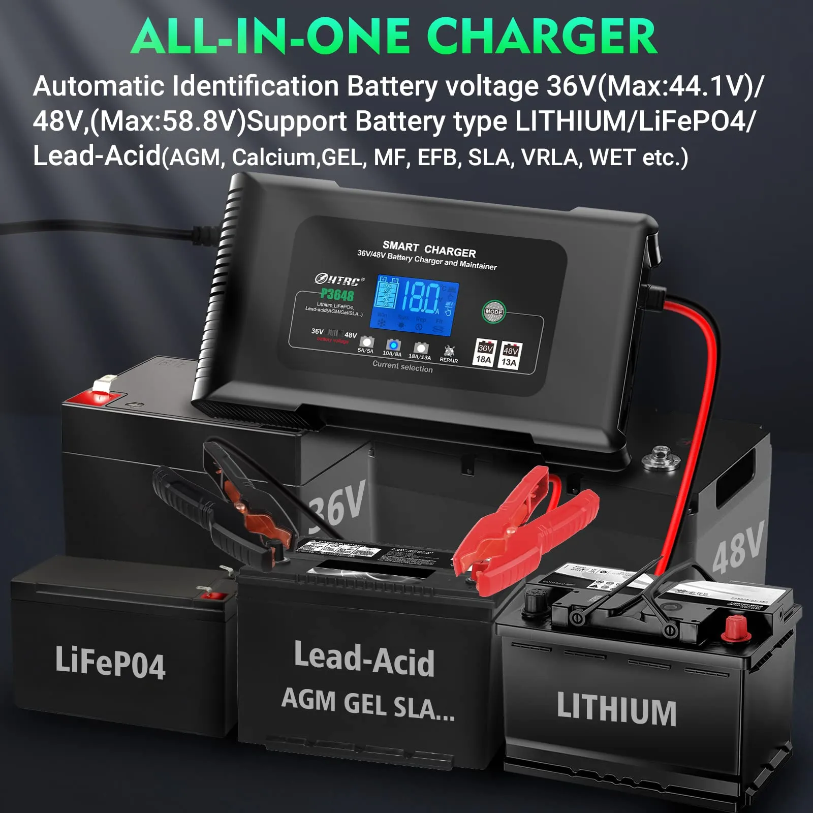 2026 36 Volt cart Charger 18-Amp Smart Charger, Car Battery Charger,Trickle Charger,36V,18-Amp and 48V,13-Amp,Lithium,LiFePO4,Lead-Acid AGM/Gel/SLA.Battery Charger, for EZGO TXT,Car, Boat.