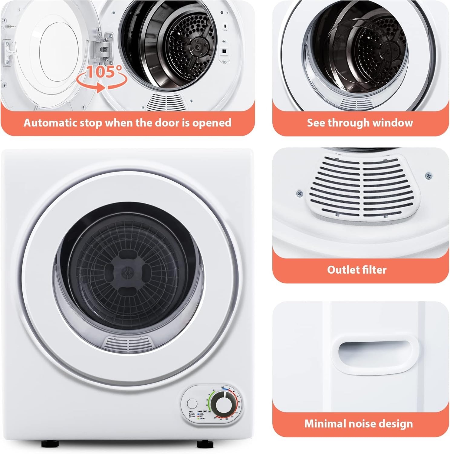 Portable Dryer 1.5 cu. ft., 850W Powerful Clothes Dryer with Stainless Steel Drum and Exhaust Hose, Dryer Ideal for Apartments, RVs, Dorm Rooms,White