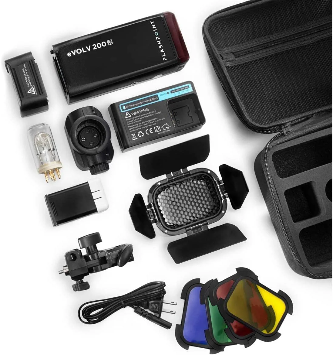 eVOLV 200 TTL Pocket Flash with Barndoor Kit Built-in R2 2.4GHz Radio Remote System (Godox AD200) + Glow EZ Lock Collapsible Silver Beauty Dish (34