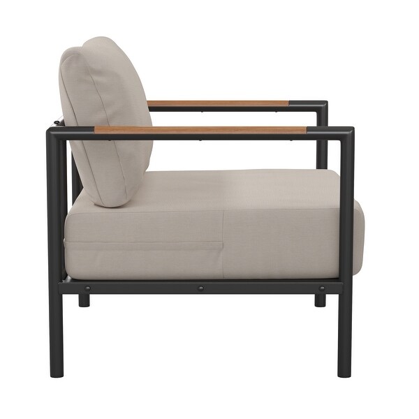 Aluminum Frame Patio Chair with Teak Arm Accents and Plush Cushions