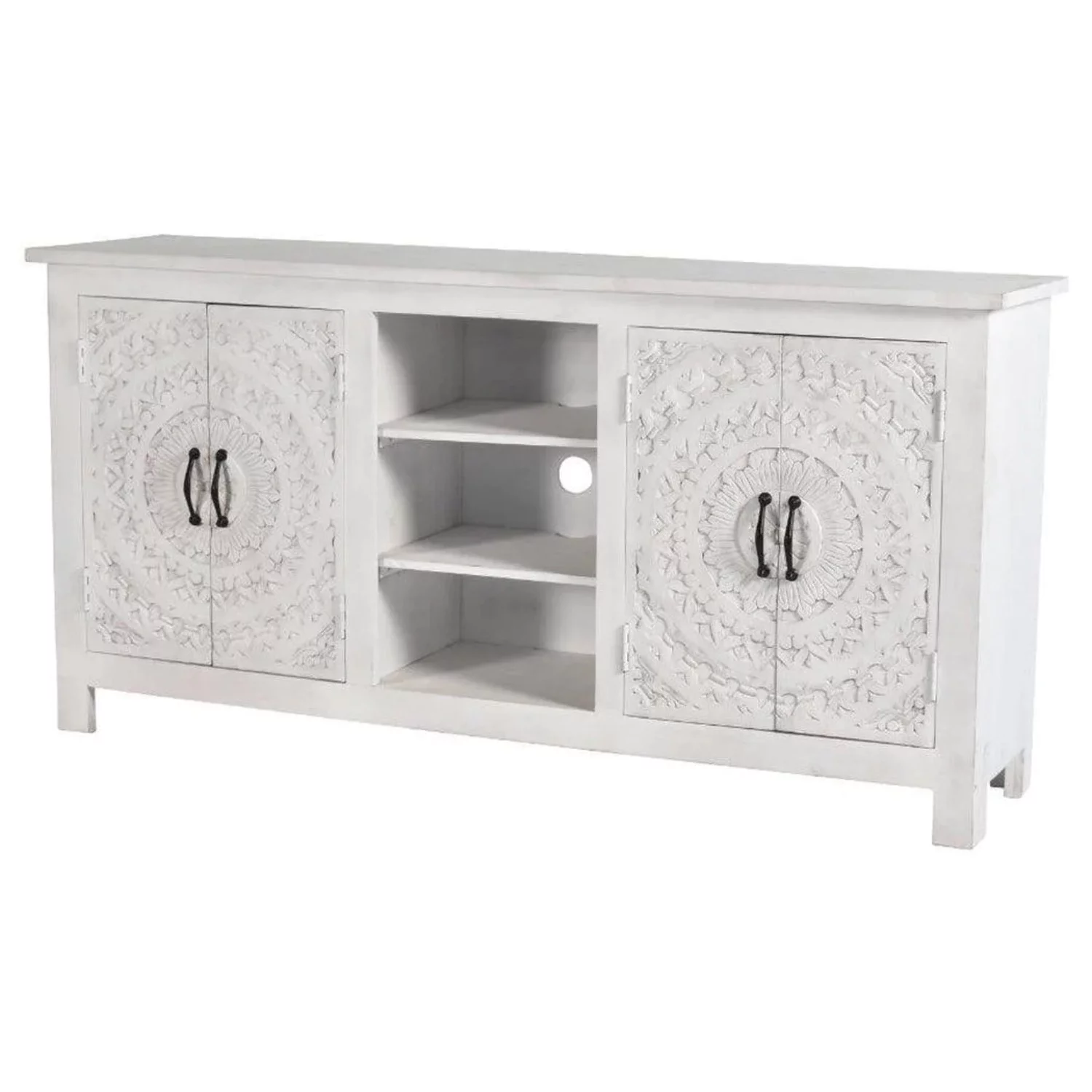 64 Whitewash Farmhouse Boho Chic Hand Carved Cabinet