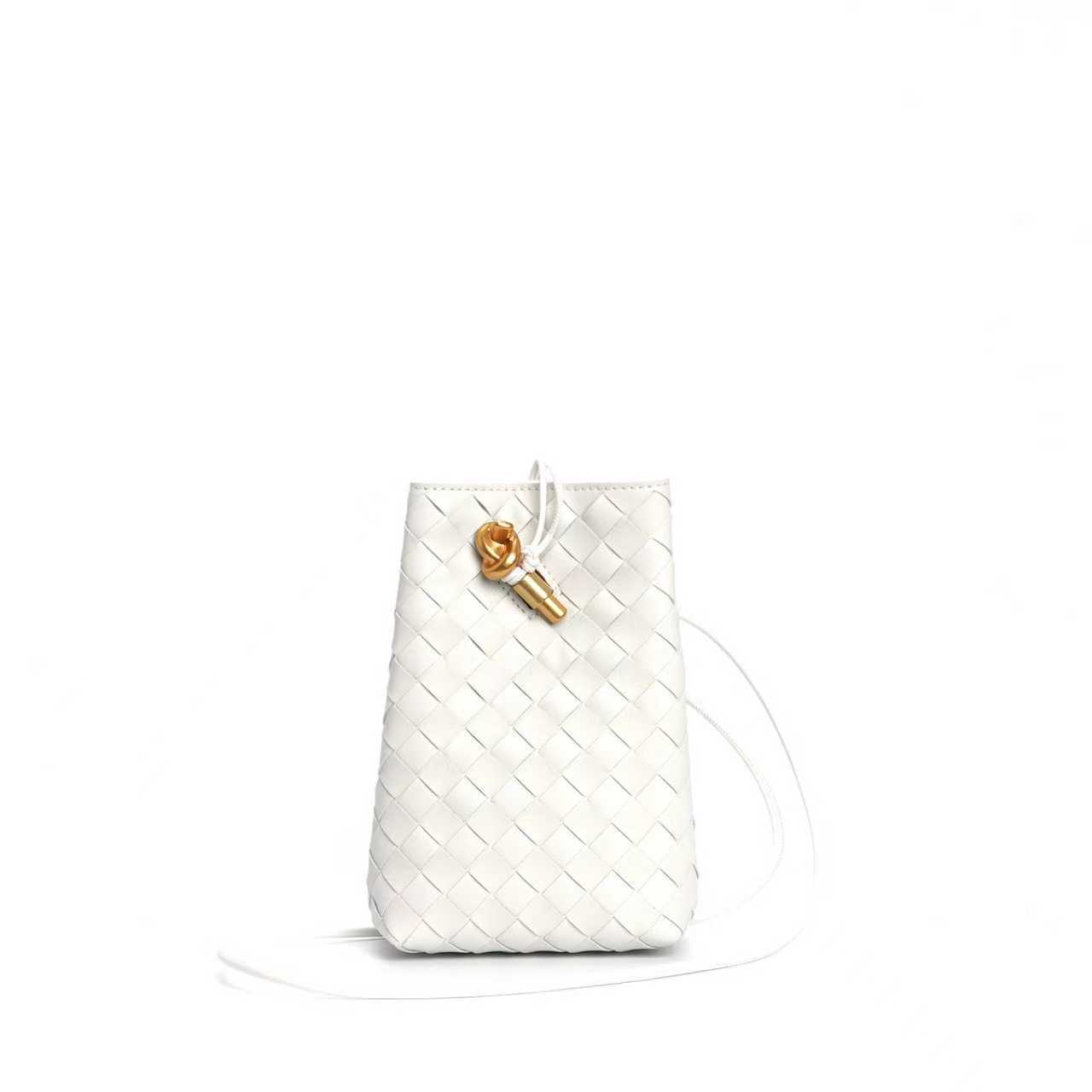 White Woven Leather Crossbody Bucket Bag
