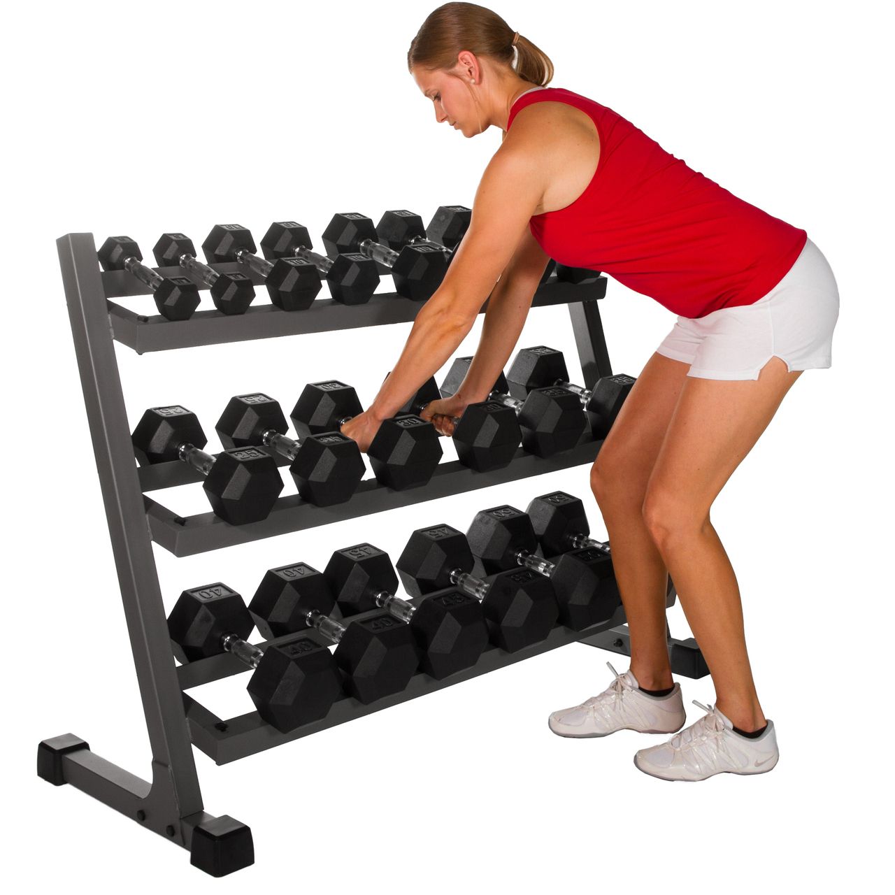 Better Body Rubber Hex Dumbbell Set + Weight Rack | 5-50lbs