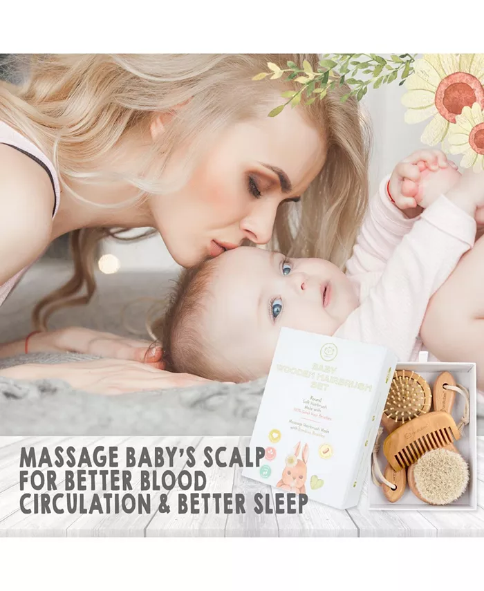 KeaBabies Baby Hair Brush and Comb Set, Round Wooden Baby Brush Set for Newborns, Infant, Toddler Grooming Kit